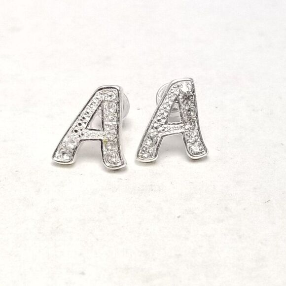 Letter A Stud Earrings, Rhinestone Silver Tone Monogram Initial, Estate - Picture 5 of 5